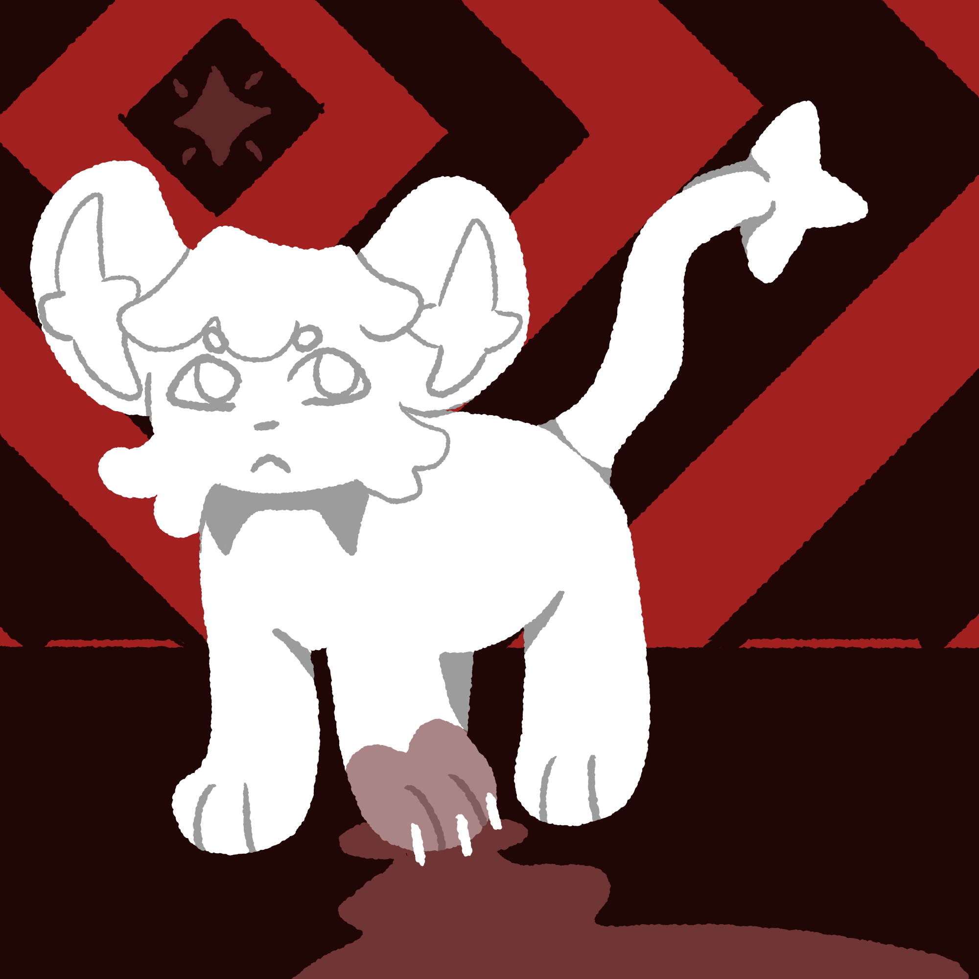 image of a white shinx on a red and black background. There is blood on his front left paw